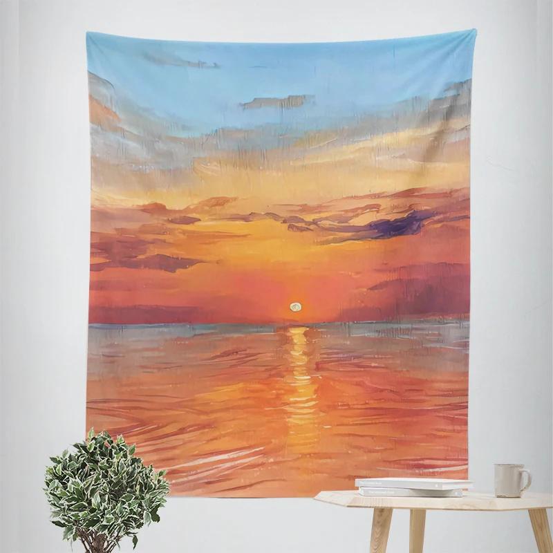 VIKAMA Healing Seaside Sunset Tapestry Bedroom Headboard Balcony Wall Decor Tapestry InstagramStyle Artistic Room Decor