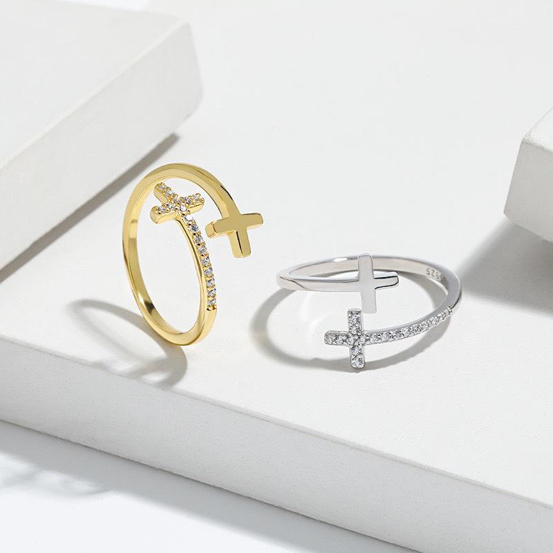 S925 Sterling Silver Double Cross Open Ring: Trendy European & American Fashion for Women