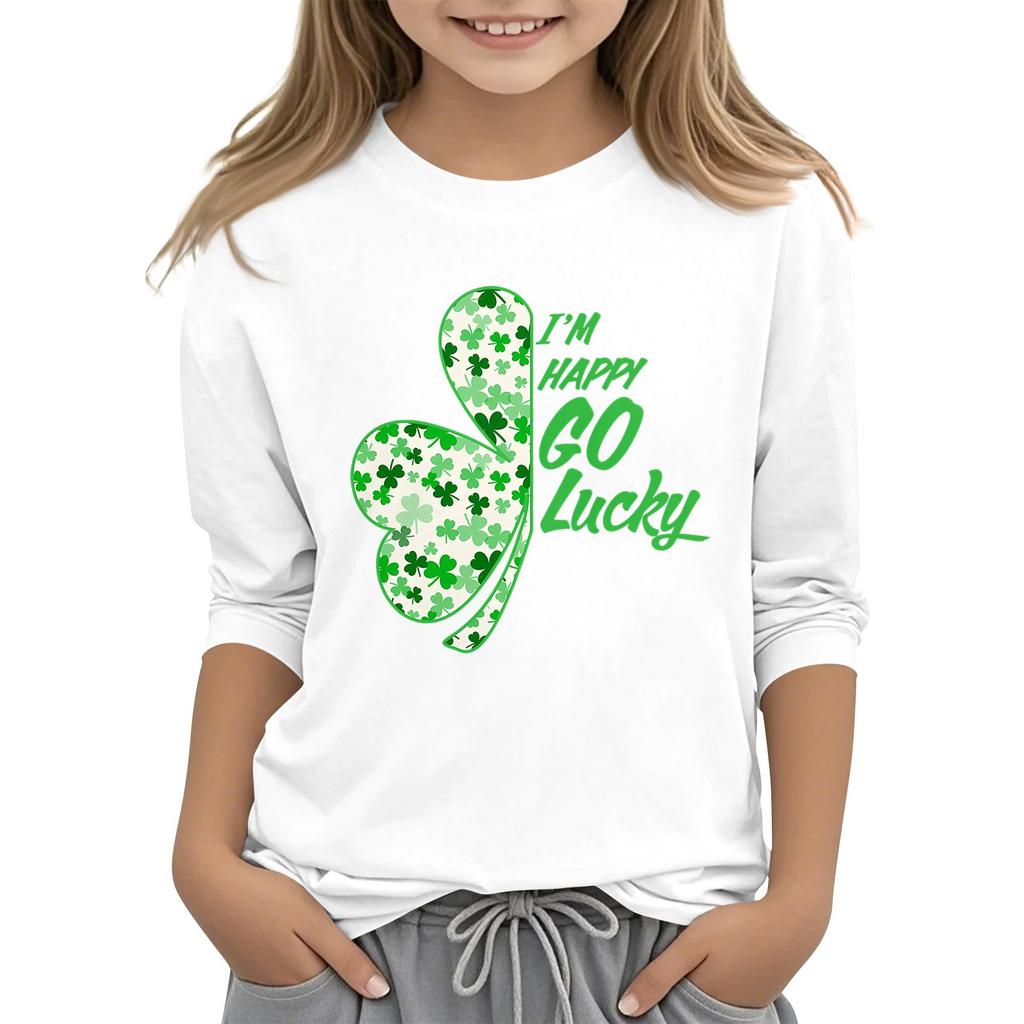 Dziecięcy T-shirt Casual z Nadrukiem na Kołnierzyku na Dzień Świętego Patryka z Rękawem 7/8