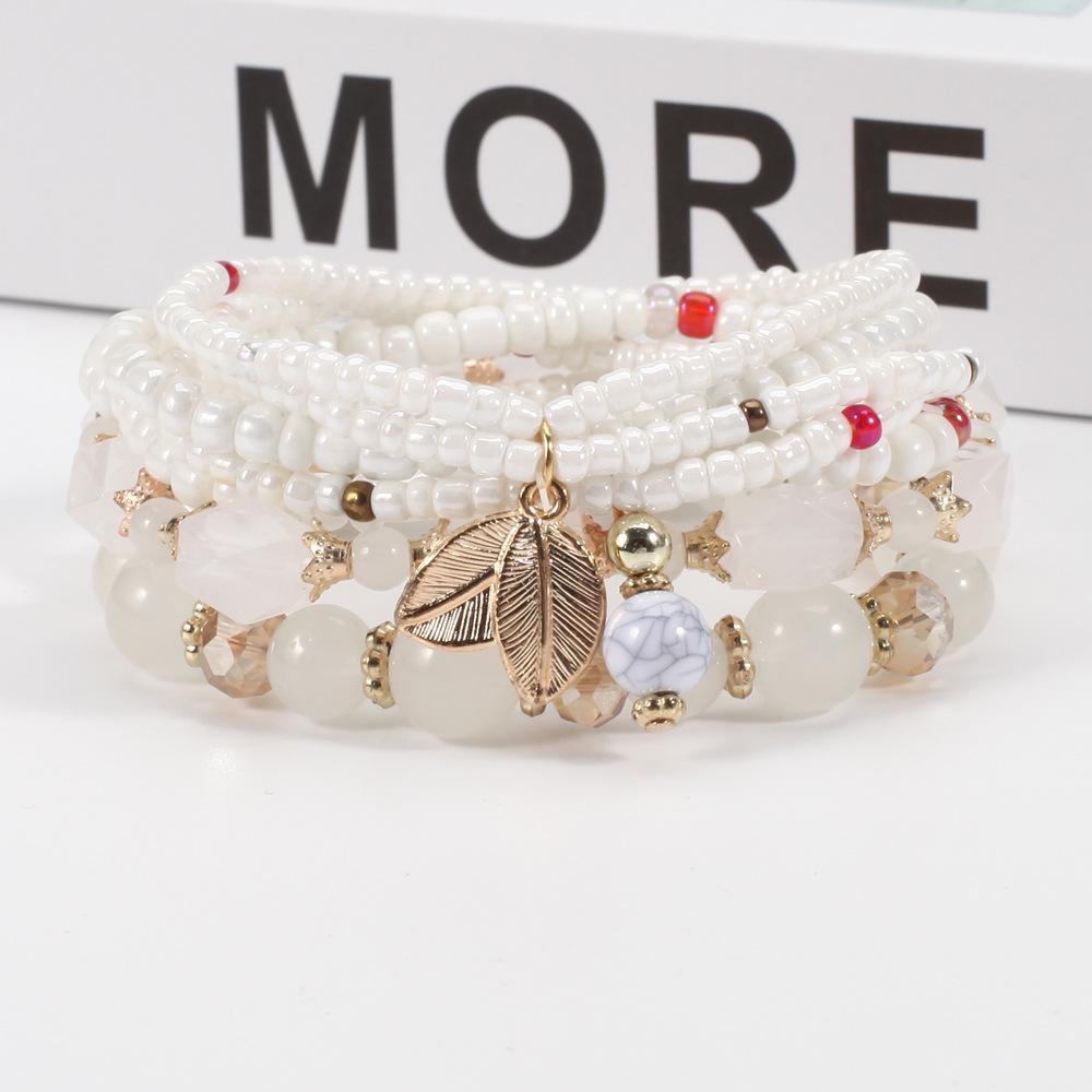 Bohemian Multi-Layer Beaded Leaf Charm Stretch Bracelet for Women