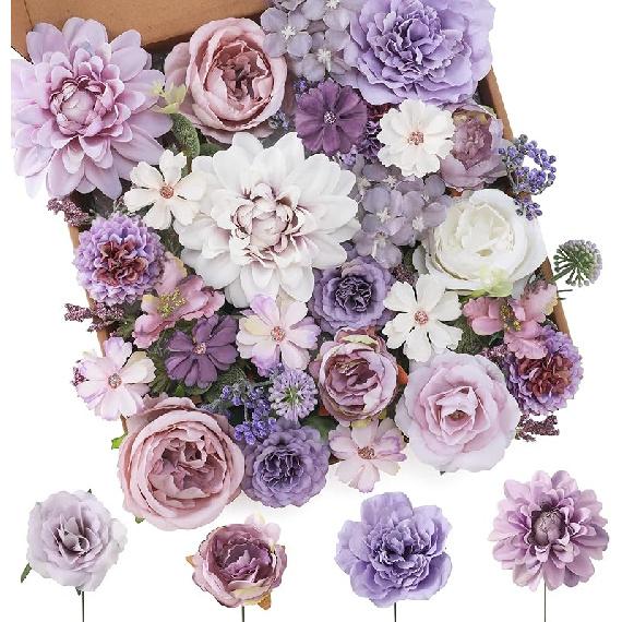 Floweroyal Artificial Flowers Combo Purple Flowers Mix Silk Flowers Dahlia Roses with Stems for DIY Wedding Bridal Bouquets, Baby Shower, Floral