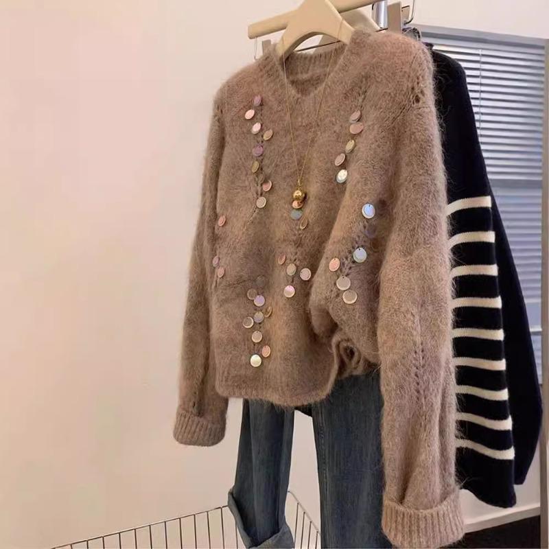 Maillard Mohair Sweater for Women In Winter with Lazy Wind Soft Waxy Thickened Tea Style Chic Knitted Top