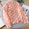 Frauen Sommer Chiffon Hemd Revers Laterne Langarm Shirt Tops 3D Blumen Druck Semi-Sheer Mesh Spleißen Einreiher bluse