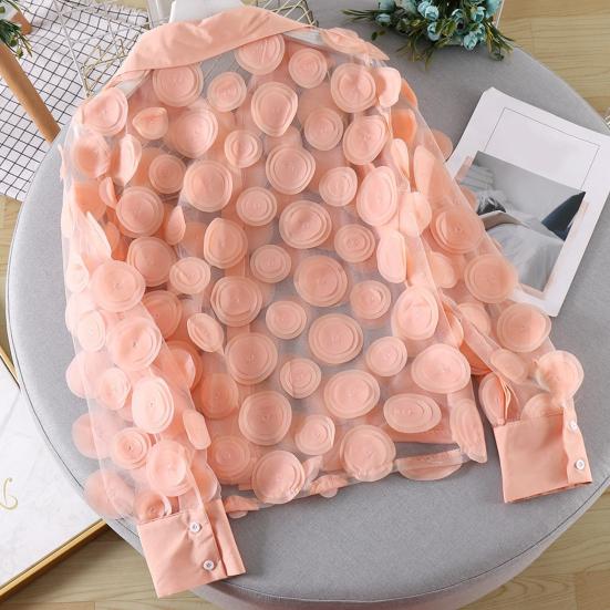 Frauen Sommer Chiffon Hemd Revers Laterne Langarm Shirt Tops 3D Blumen Druck Semi-Sheer Mesh Spleißen Einreiher bluse