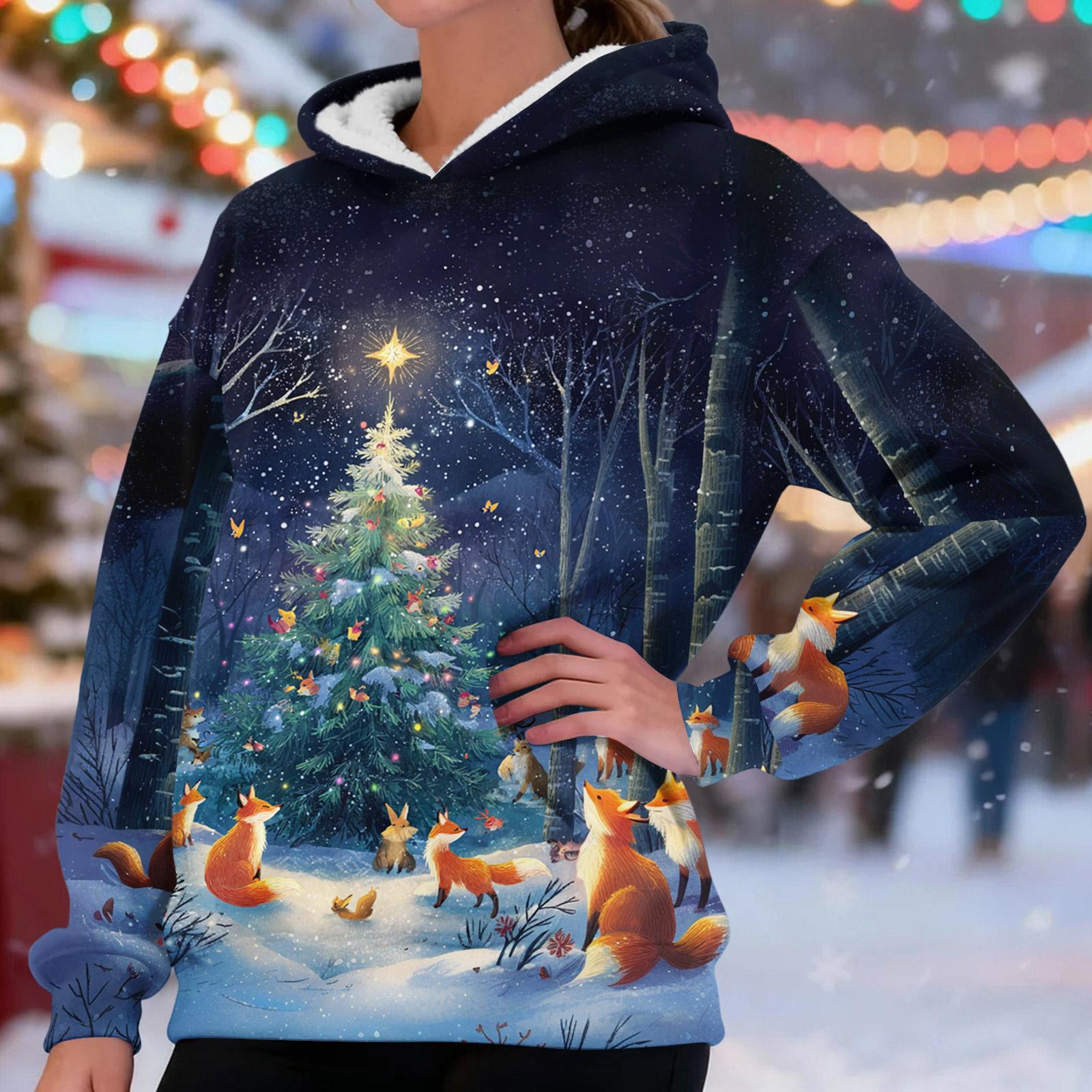 

Женская модная повседневная толстовка с длинными рукавами, рождественским принтом, на флисовой подкладке, теплая, с капюшоном S тёмно-синий