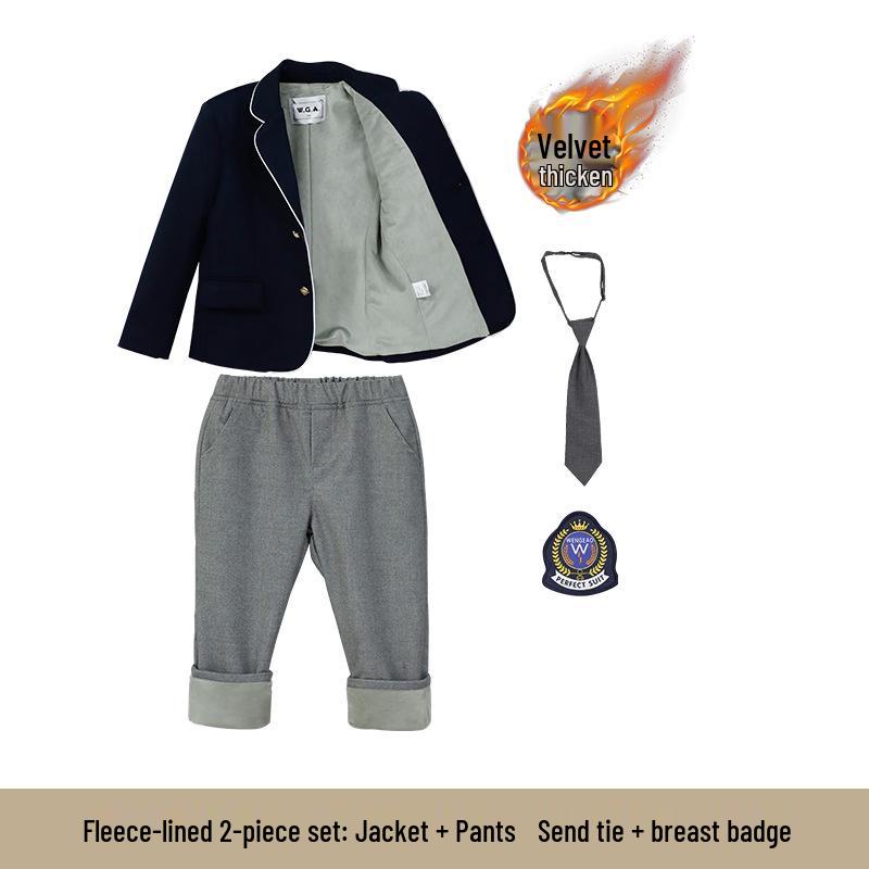 Children's Academy Style Formal White Shirt & Navy Jacket Suit Set for Elementary School Girls