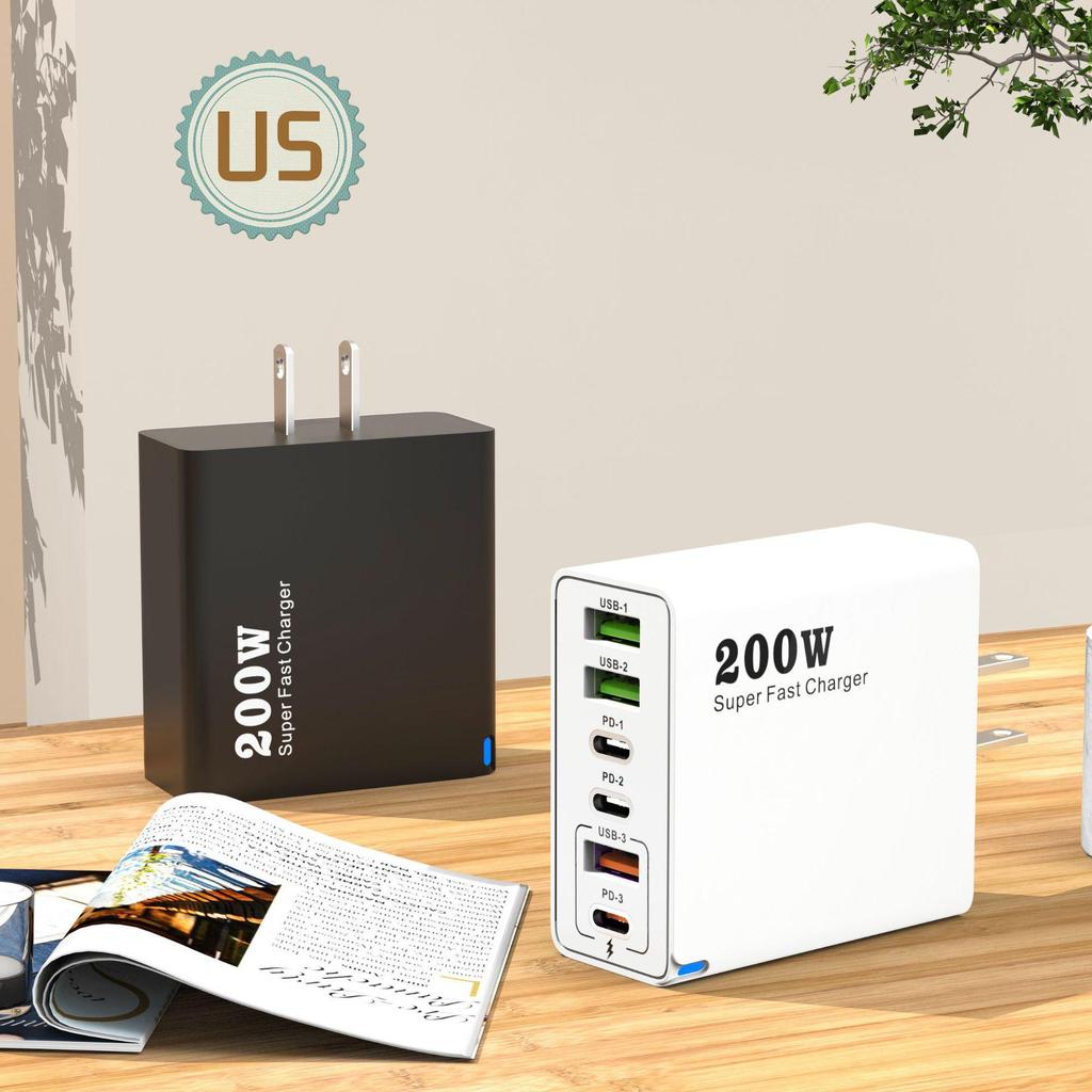 200W Multi-Port Charger - 3 USB & 3 PD Ports, Six-in-One Fast Charging for Phones (5V 2.4A), EU/US/UK Compatible