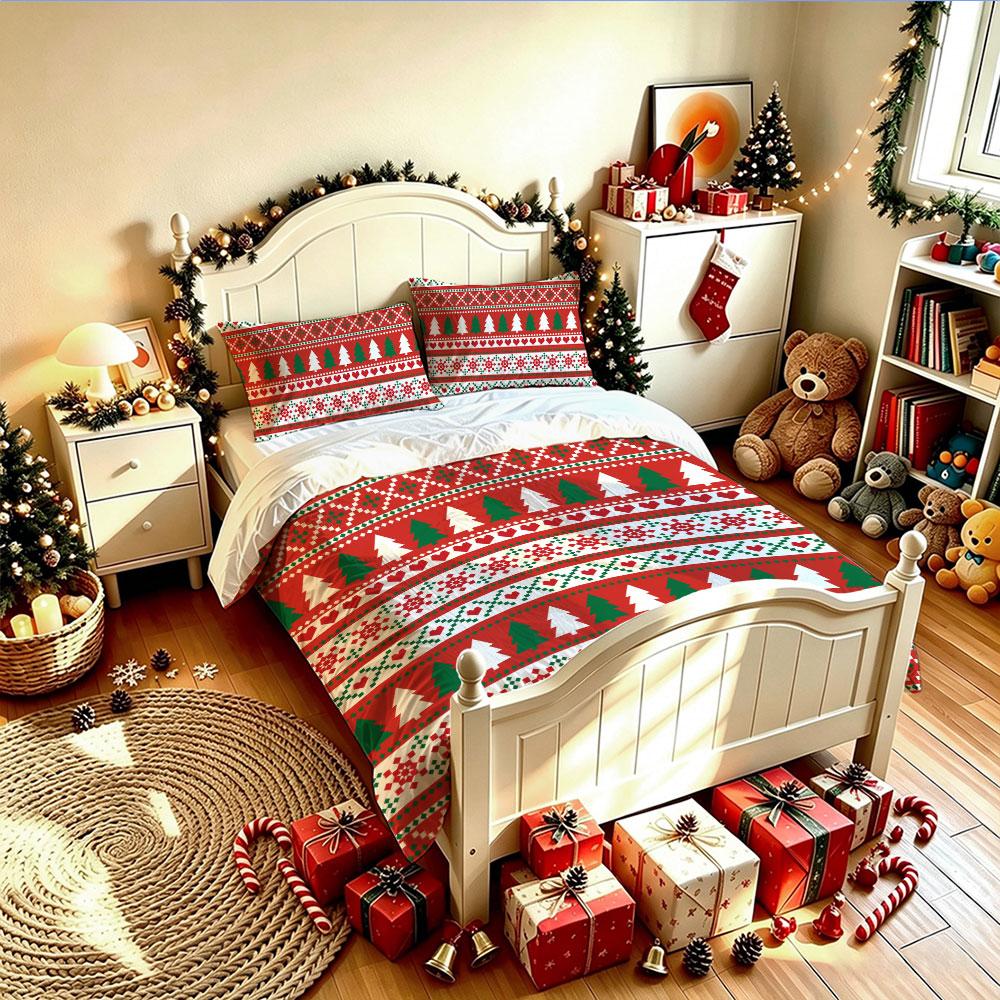 Christmas Duvet Cover Set 3Pcs Nordic Knit Tree Reindeer Snowflake Print Soft Microfiber Bedding with Pillowcases