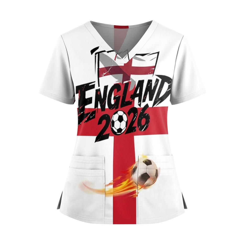 Women's Short Sleeve V-Neck Scrub Top with Pockets and Side Slits, Soccer Flag Print