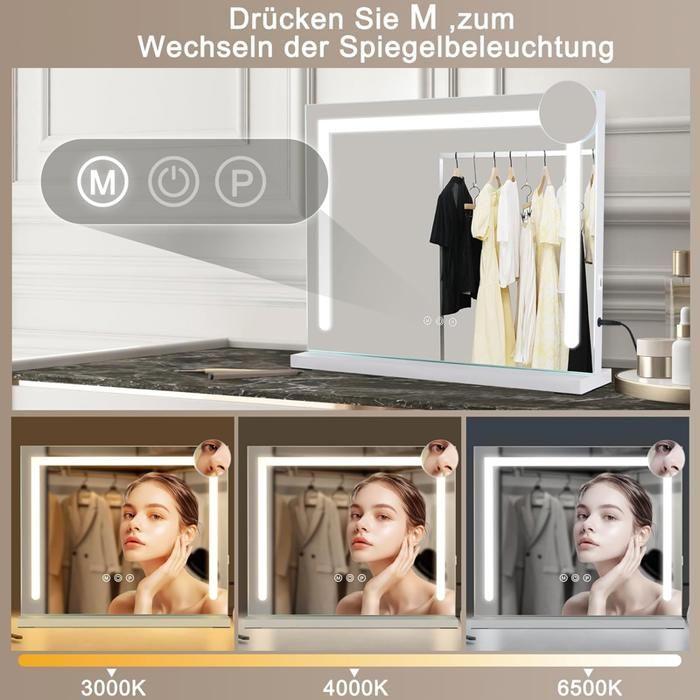 Miroir de coiffeuse - NETTLIFE - 70x55 cm - LED à intensité réglable - Grossissement x5 - Port USB