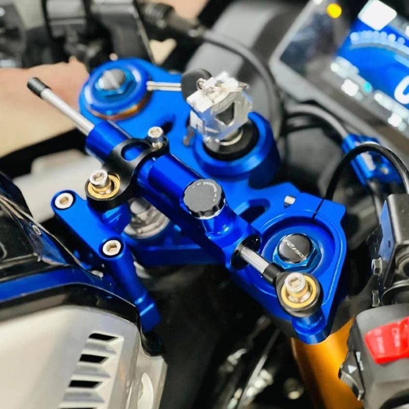 Machined Aluminum Motorcycle Steering Damper with Anodized Finish, Adjustment Knob and Shared Mounting Hardware