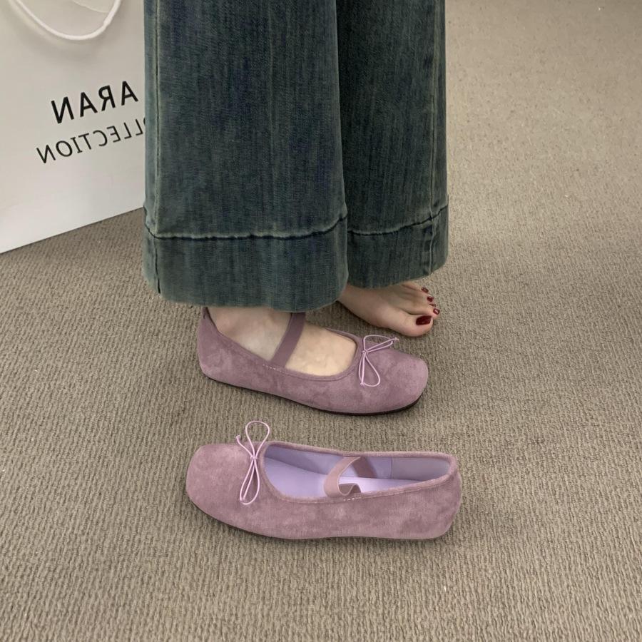 French Flat Bottom Square Head Bow Dopamine Flat Bottom Mary Jane Not Tired Feet Soft Bottom Suede Ballet Single Shoes Women