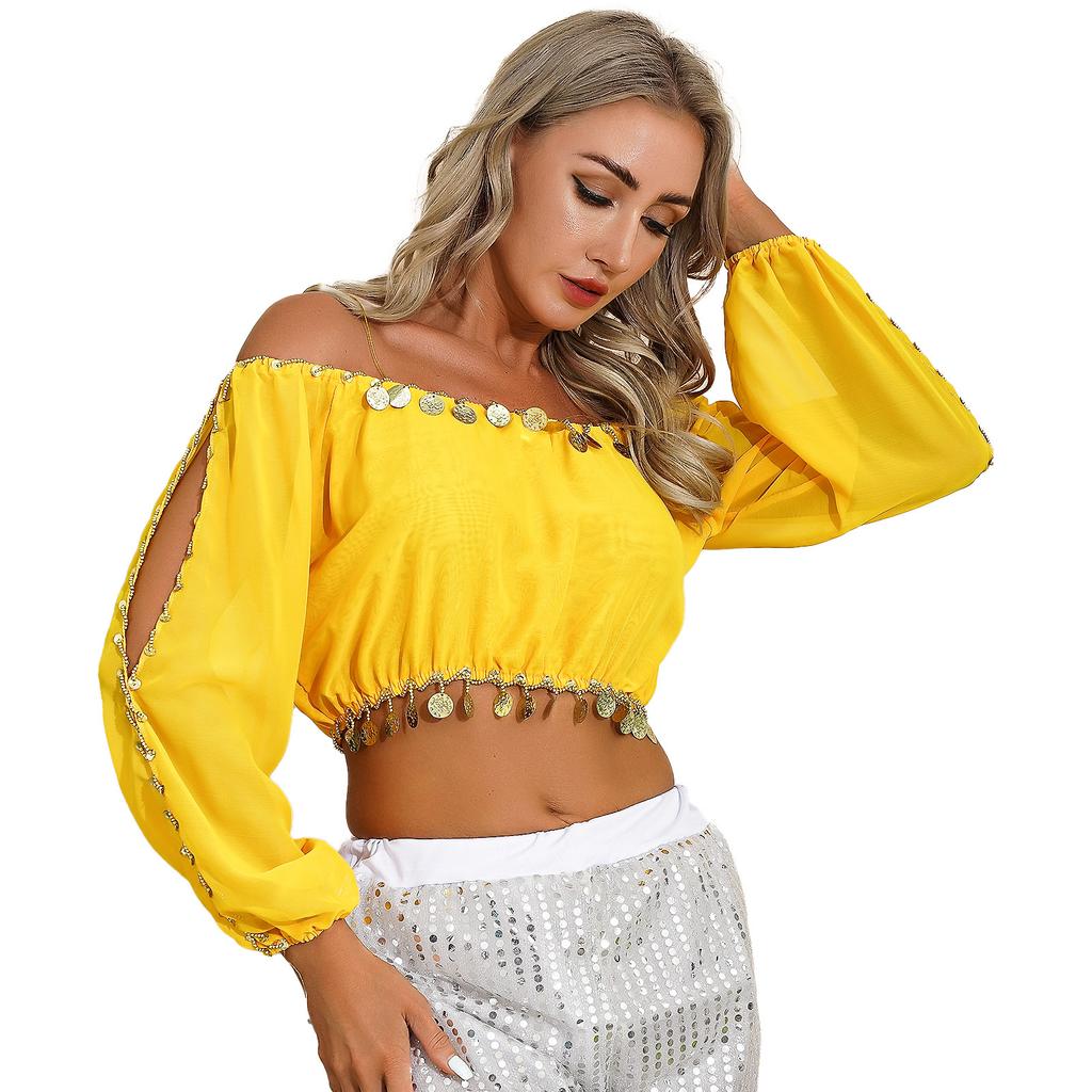 Womens Sequined Beaded Belly Dance Crop Top Long Puff Sleeve Split Halloween Party Costume
