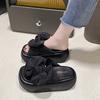 Kawaii Platform Sandals Women Summer Thick Bottom Shoes 7CM Wedges Heels Casual Sandals Comfortable Black Bowknot Slippers