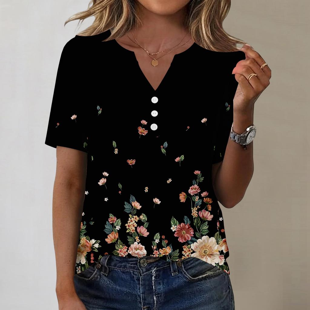 Women's Fashionable Casual Short-sleeved Retro Printed V-neck Top