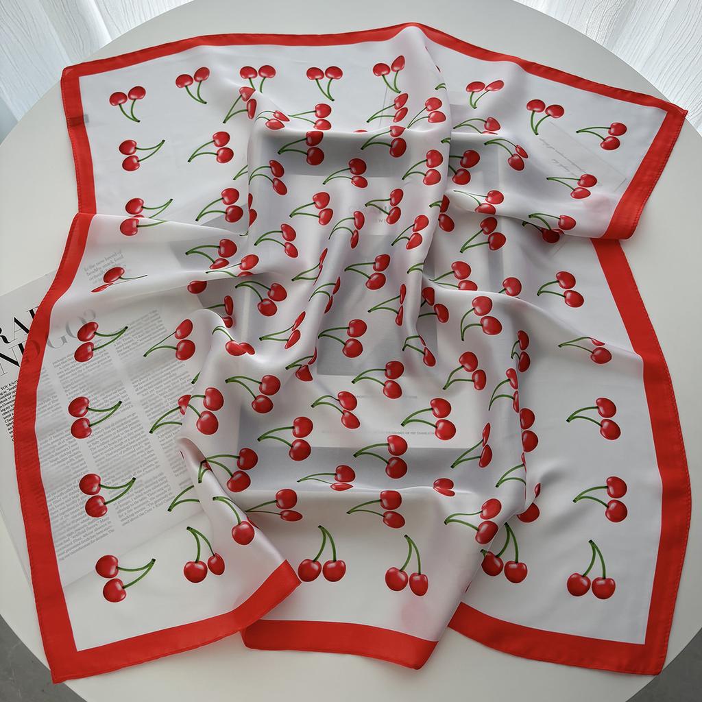 Luxury Square Satin Scarf Women Cute Fruit Cherry Pattern Shawls and Wraps Fashion Small Bag Scarves Hair Tie Bandanas 70*70Cm