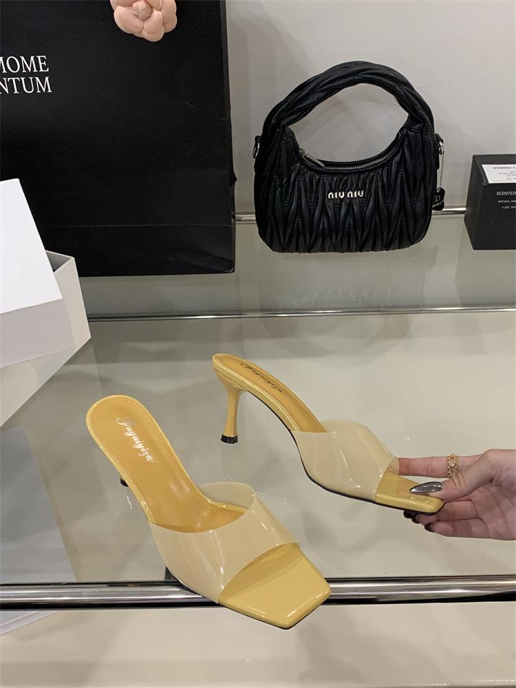 High-heeled cool slippers for women's 2025 summer new thin-heeled square-toed open-toed one-word slippers