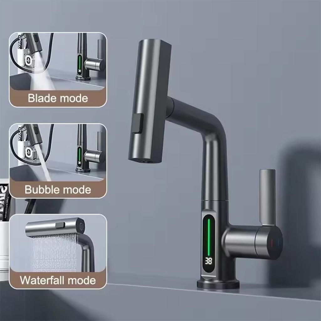 Cascade Dorée Température Affichage Numérique Robinet de Bassin d'Eau Chaud/Froid Mélangeur d'Évier Robinet de Salle de Bain/Cuisine Robinet Extensible