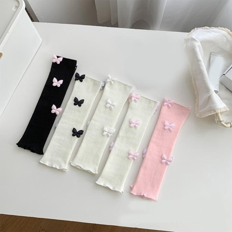 Womens Girls Ballet Style Ribbed Knit Stretch Leg Warmer Japanese Aesthetic Sweet 3D Butterfly Leg Cover Footless Socks