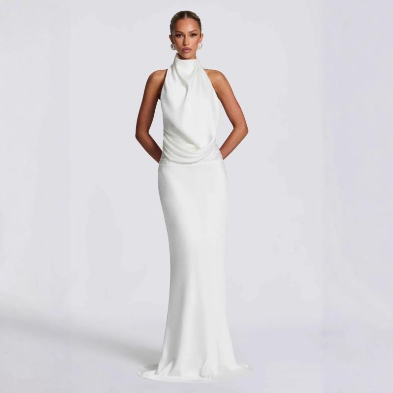 2025 Fall Womens Sleeveless Backless Sequin Cinched Waist Wrap Dress Bodycon Maxi In Navy White Coffee