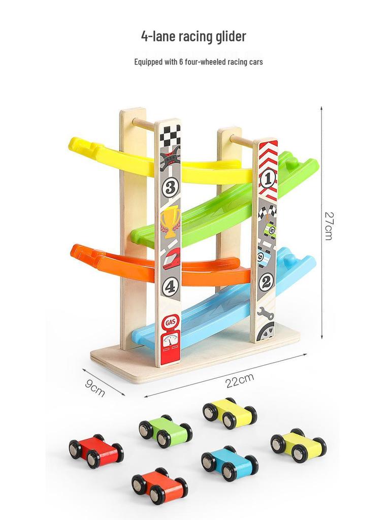 Children's Wooden Multi-Layer Racing Track Toy with Inertial Glider Cars