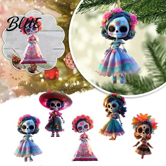 Lightweight Wood Halloween Decoration 2D of Dead The Ornament Day Hanging Skeleton Flat Wooden Embroidered Skirt Figure with Dress