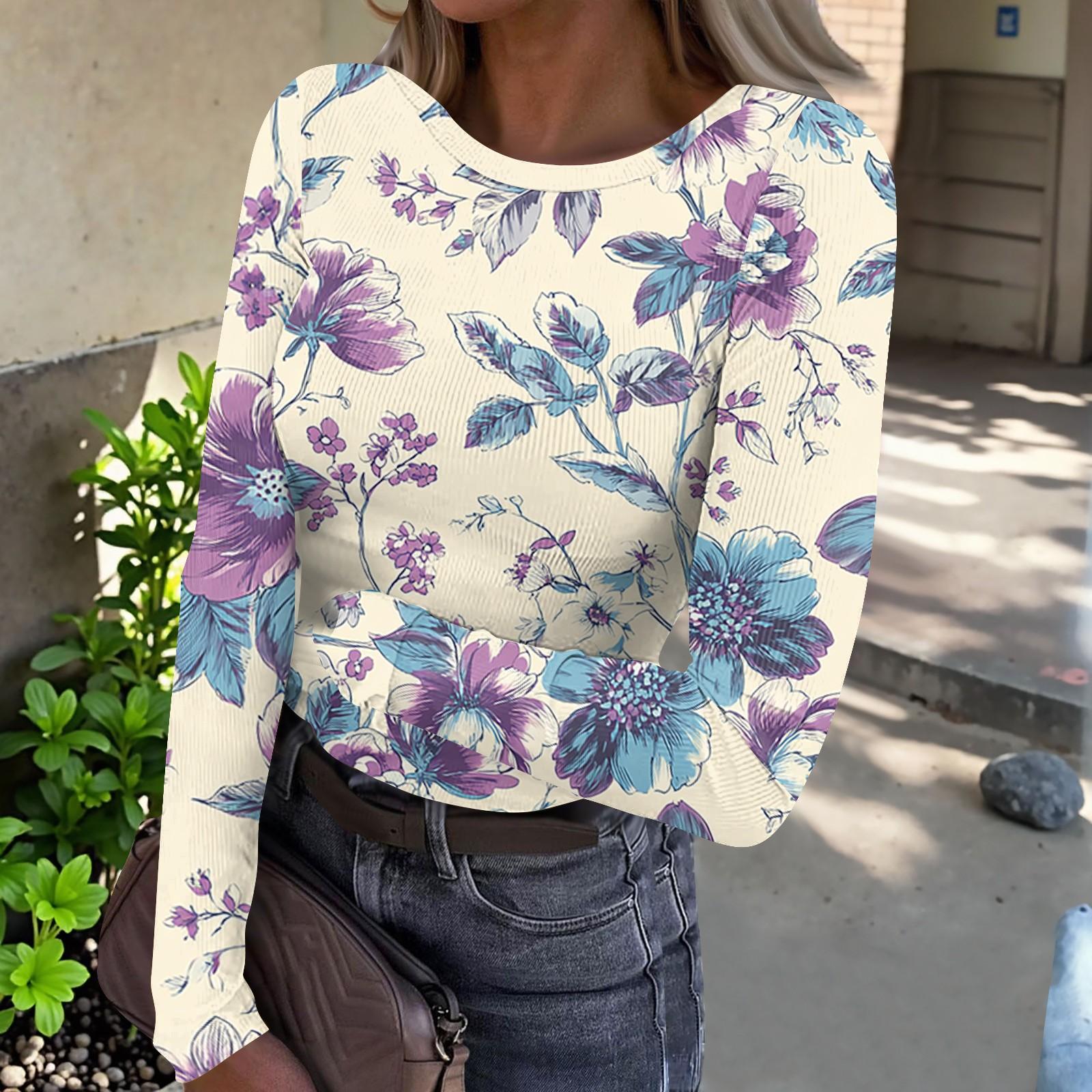 

Women Casual Long Sleeve Crewneck Floral Print Ribbed Top Lightweight Pullover Loose Fit Soft Breathable Shirt for Daily Wear L синий
