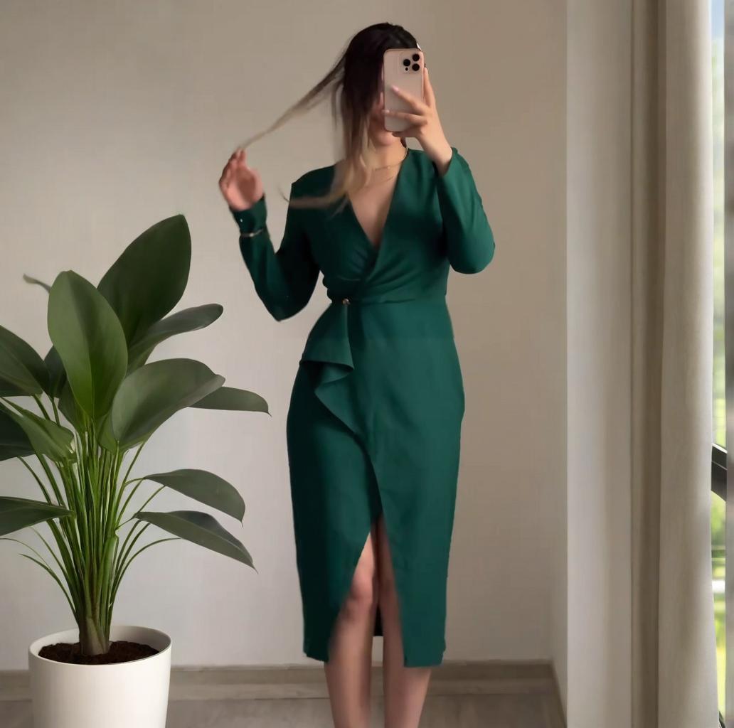 

Летнее европейско-американское платье с V-образным вырезом, сексуальное, асимметричное, приталенное, с длинным рукавом, 2025 XXL темно-зеленого