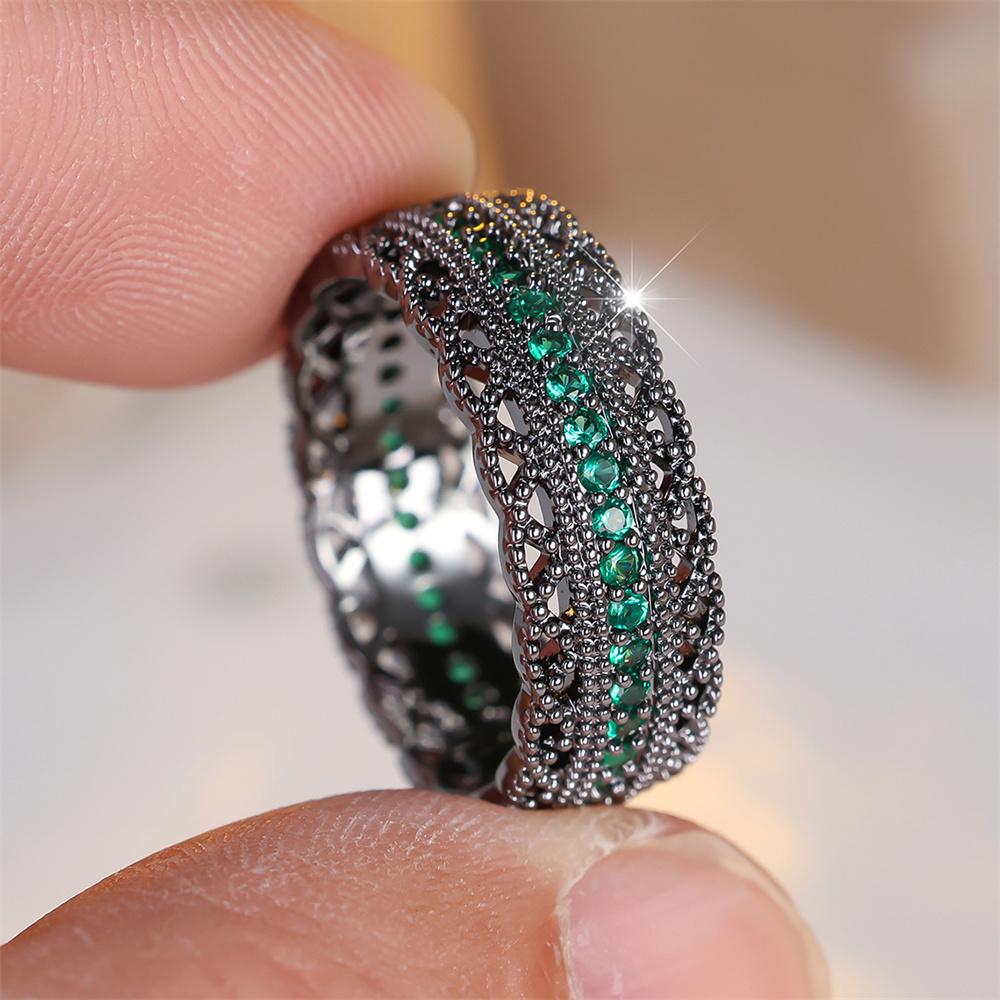 Single Row Green Zircon Small Round Stone Rings For Women Vintage Trendy Black Metal Engagement Ring Wedding Jewelry Bridal Gift