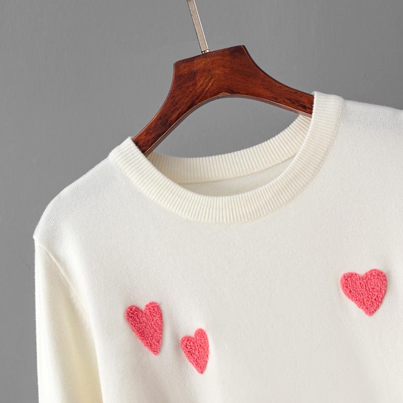 2024 Autumn/Winter Heart Flocking Embroidered Round Neck Long Sleeve Women’s Knit Sweater Pullover