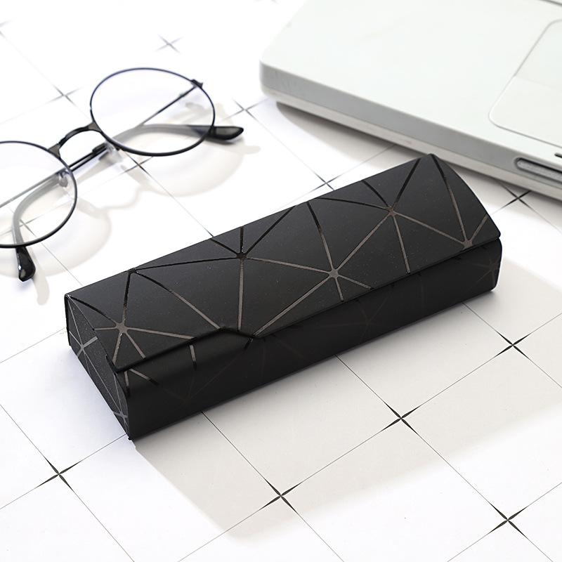 Hard Eyeglasses Case Fashion Geometric Line Decor Waterproof PU Leather Shockproof Spectacle Box for Students Teens