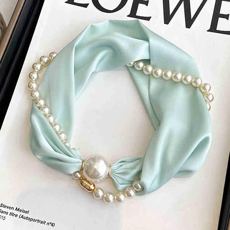 Magnetic Narrow Elegant Satins Neck Scarf Wrap With Pearls Chain Necklace And Buckle For Women Vintage Floral Silk Neckerchief