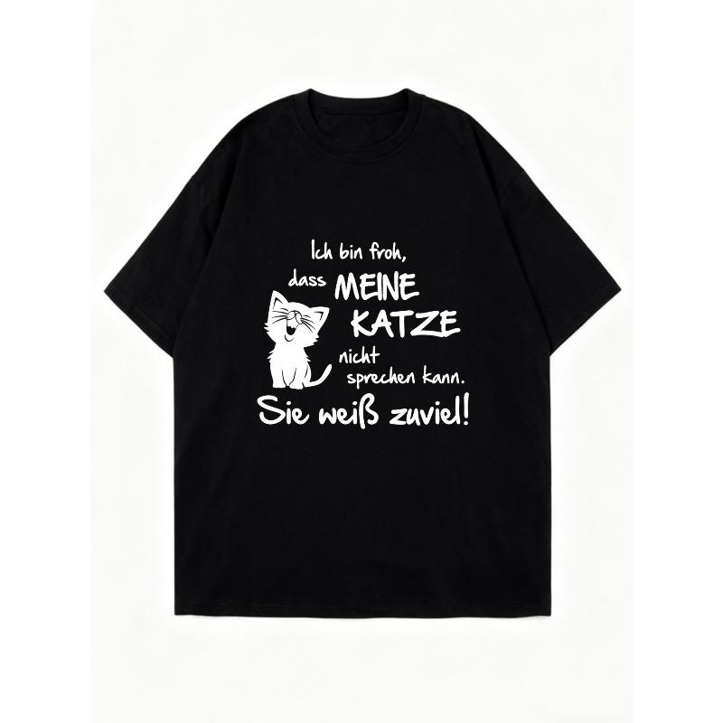 Oversized T Shirt Black Cat And German Text Print Casual Wear For Women