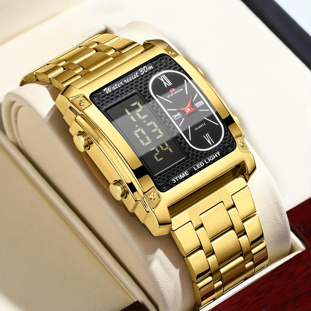 VA VA VOOM Men Watch Men’s Digital Watches with Dual-movement Display, Electronic Display + Analog Display,Stainless Steel Luminous Alarm Wristwatch