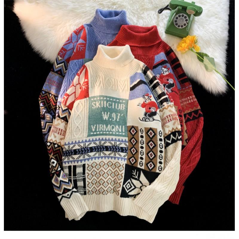 Unisex Vintage High Neck Knit Sweater Loose Fit Retro Pullover Winter Daily Wear