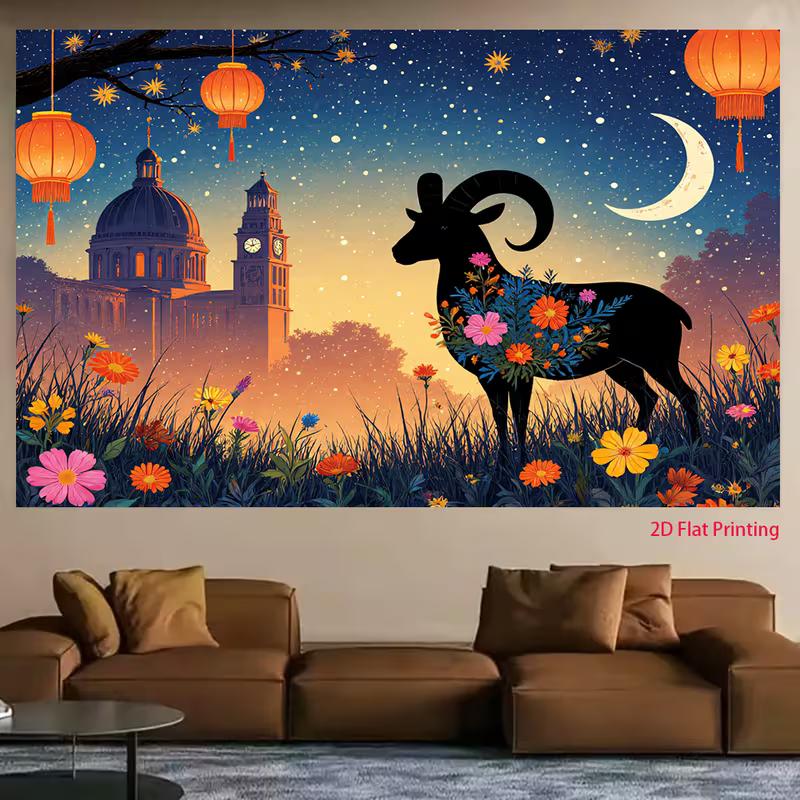 

2D Magical Night Goat Tapestry with Crescent Moon & Lanterns 47.2x31.5inch/120*80cm