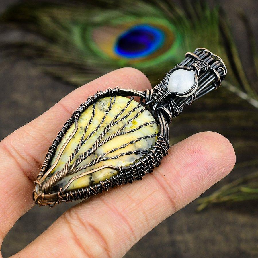 Yellow Dendritic, Moonstone Gemstone Copper Wire Wrap Jewelry Pendant 2.56"
