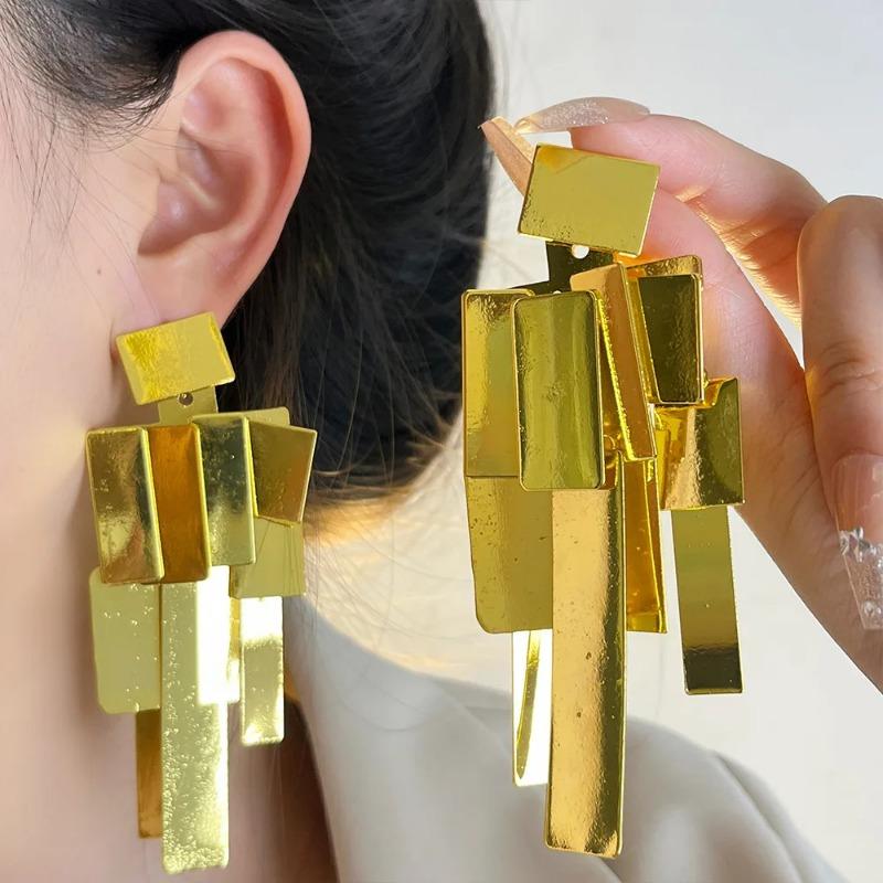 2024 New Metal Square Geometric Tassels Dangle Stud Earrings for Women Fashion Holiday Party Gifts Jewelry