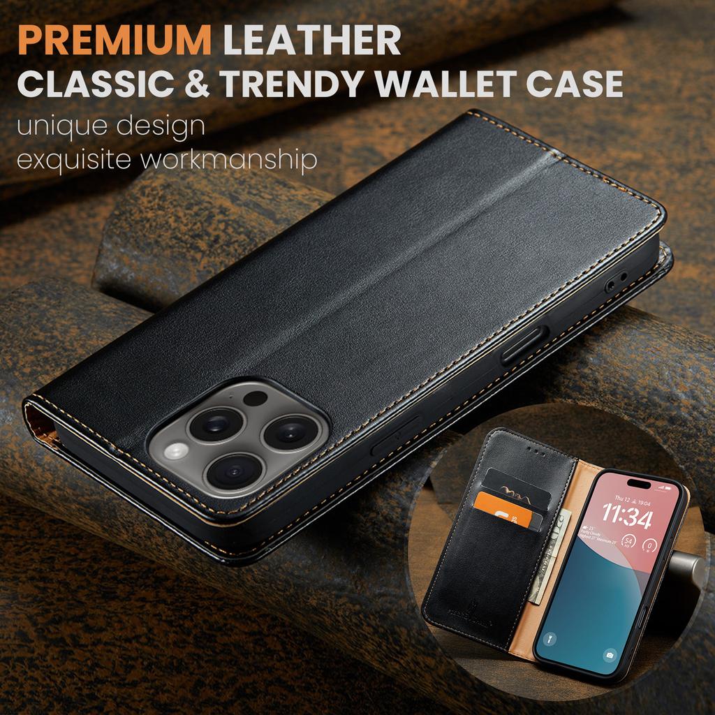 FIERRE SHANN For iPhone 16 Pro Max Case PU Leather Flip Stand Wallet Phone Cover
