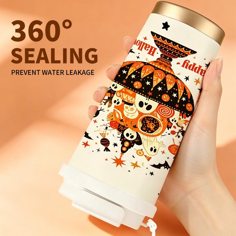 Halloween Coffee Cup 532ml Pattern Bowl Pumpkin Skull Candy Ghost MotifCarrier Strap Travel Cup Autumn Commuter Cup Flip Lid Coffee Cup