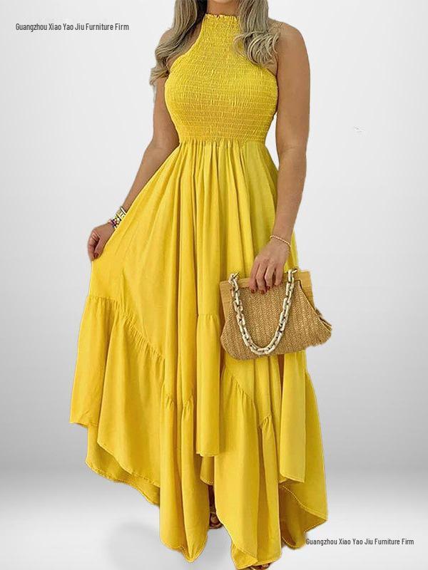 European & American Women's Spring High Waist Printed Dress - Short Sleeve Commuting Style