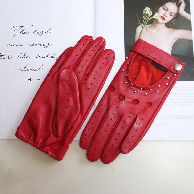 New Women's Sheepskin Gloves Thin Unlined Rivet Style Colored Driving Leather Gloves