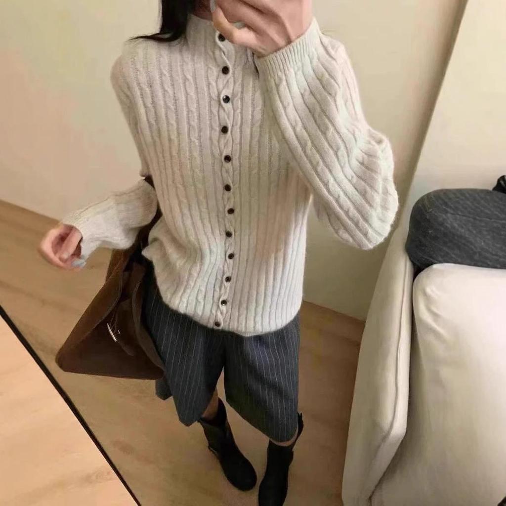 100% Pure Wool Women's High Neck Button-Up Cardigan - Autumn/Winter Sweater Coat