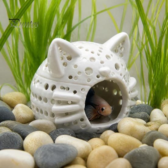 Aquarium Landscaping Decor Shrimp Cave, Cat Head Fish Hideout with Suction Nano Tank Cup, Decorative Cave for Betta Tanks Non-toxic