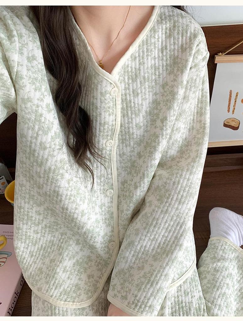 Layered Long Sleeve Cotton Quilted Pajamas Set for Women - Autumn/Winter Casual Cardigan Homewear