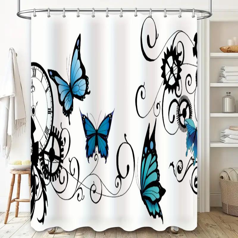 Blue Butterfly Gear Clock Shower Curtain Waterproof Decorative Home Bath Tub Rug