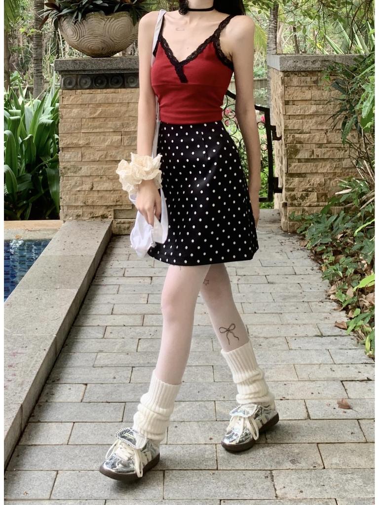 Dámská retro midi sukně s puntíky s vysokým pasem na léto 2024 - Zeštíhlující, všestranný A-střih