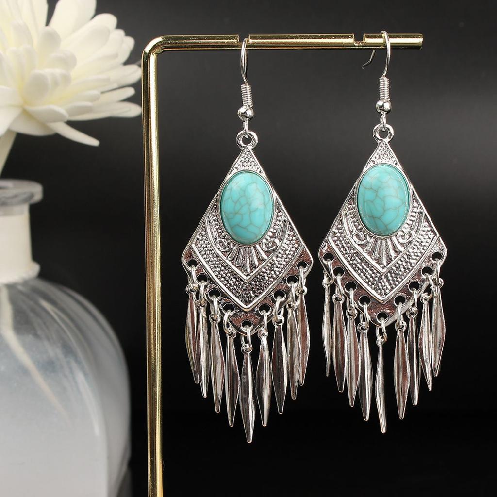 Turquoise Earrings Bohemian Drop Ear Earrings with Tassels, Geometric Alloy, Retro Style, Boastful Ear Accessories