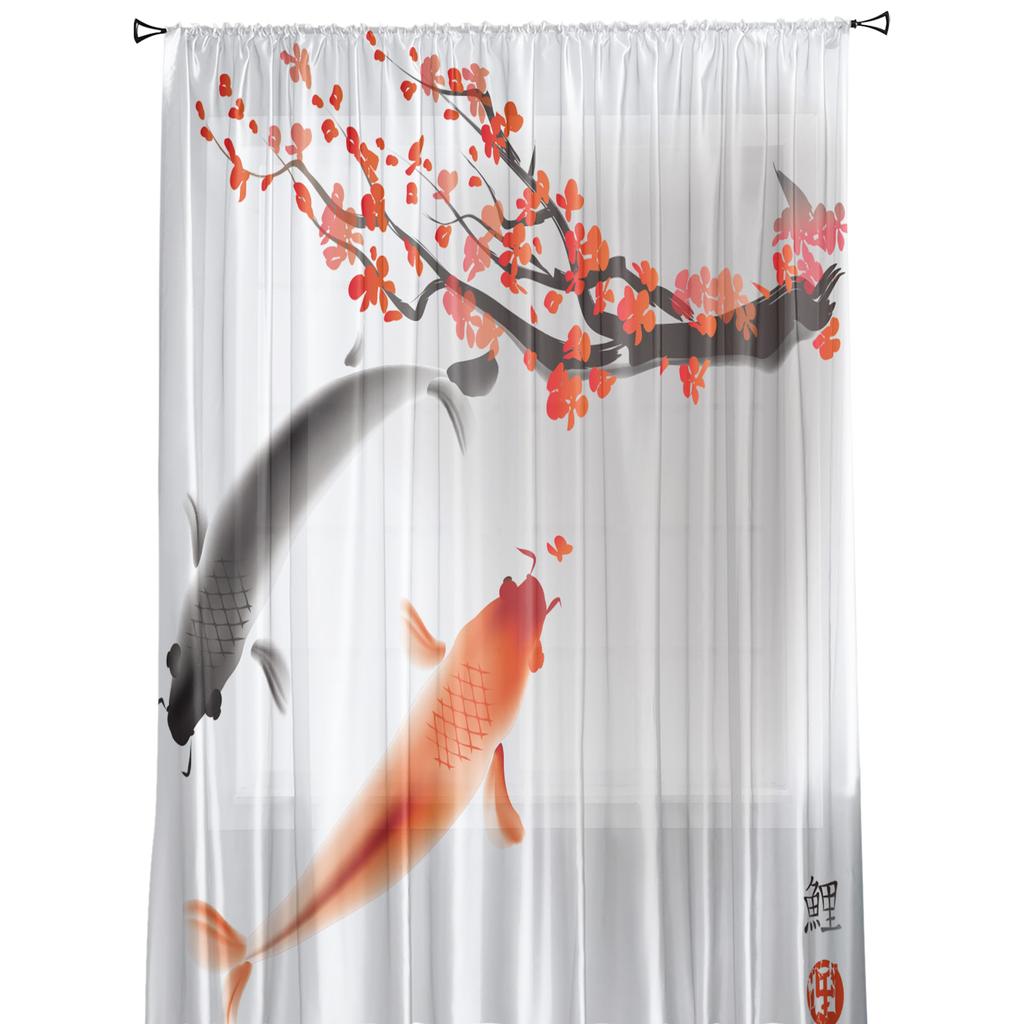 Koi Fish Painting Plum Blossom Sheer Curtains for Living Room Decoration Window Curtains Kitchen Tulle Voile Organza Curtains