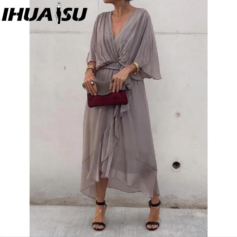 

IHUASU Женская мода Лето Весна Однотонный принт V-образный вырез Завышенная талия Повседневные платья XXXXXL серый